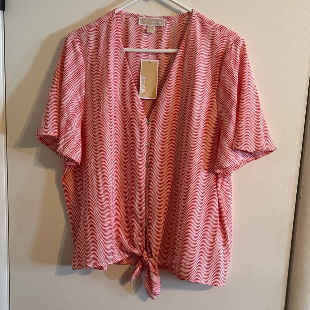 Michael Kors Coral Peach striped button-front tie-hem chiffon top shirt NWT